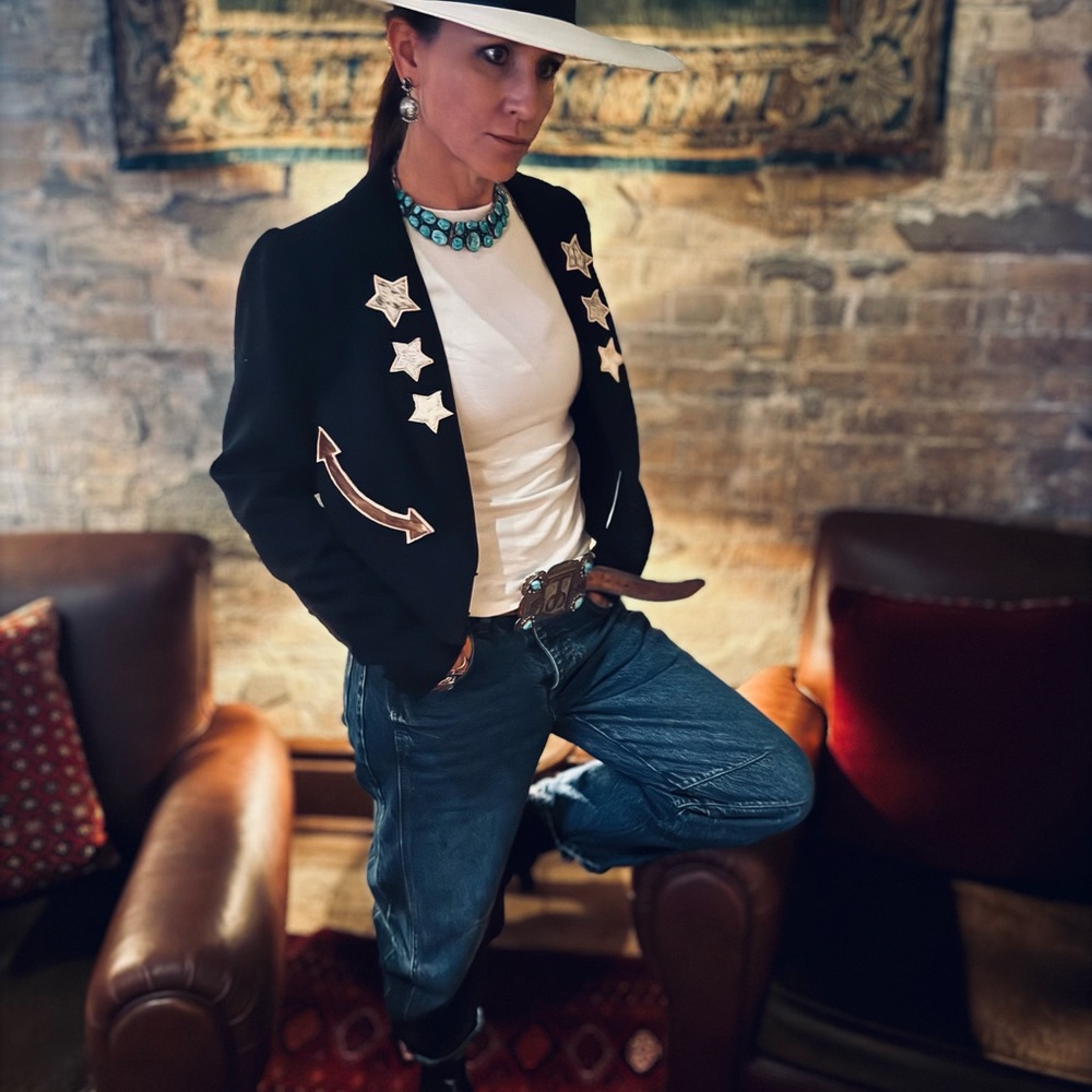 Cowhide and Leather Cropped Black Tuxedo Blazer with Subtle Puff Sleeve